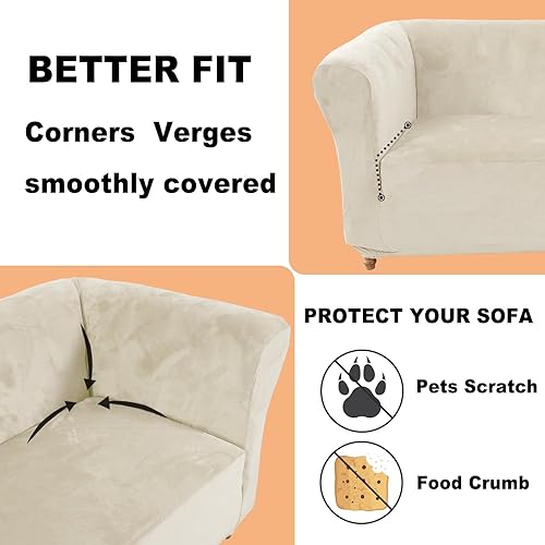 Miniatura 5 de Chesterfield - Funda elástica para sofá, funda de terciopelo lavable, protector de muebles para sofá curvado ajustado (beige, sofá)