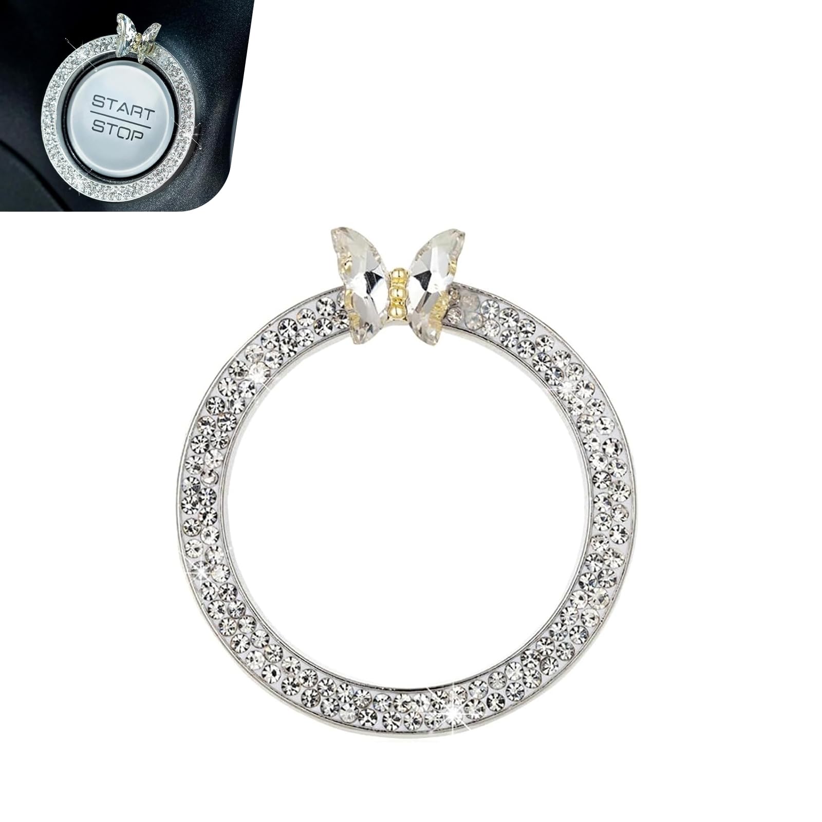 Bling Car Engine Start Stop Decoration Ring, Crystal Rhinestone Butterfly Ring for Car Button Ring, Car Interior Accessories for Women, Push to Start Button Cover Decoration (White)