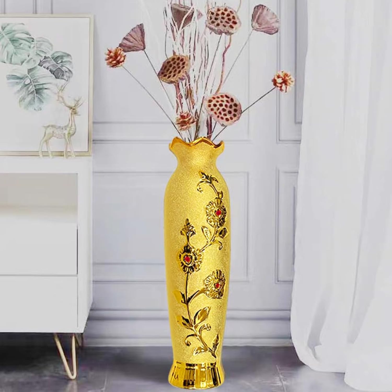24 Inches Tall Floor Vase Extra Large Ceramic Decorative Vase Handmade Gold Floor Vase for Living Room Office Decor (HE60)