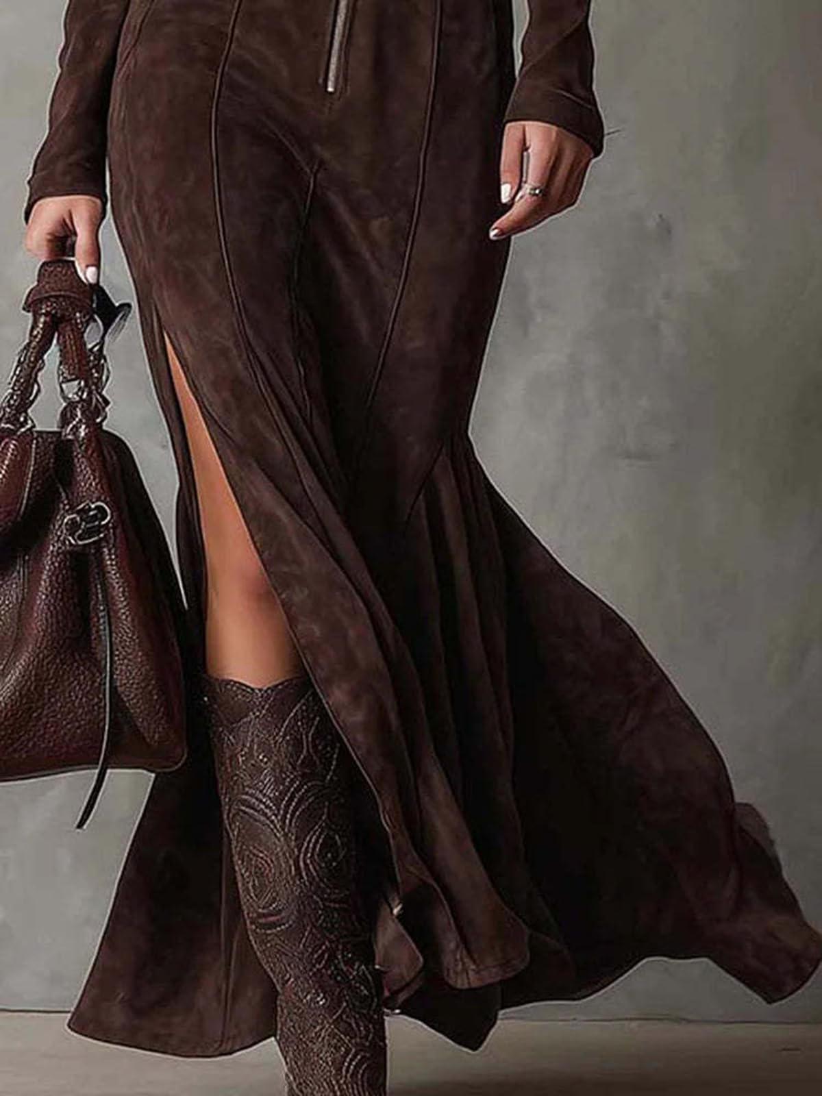 cffvdiz Vestido De Ante Sintético para Mujer Sexy Ajustado con Cremallera Manga Larga Estilo Vintage Occidental Vestido Maxi Bodycon