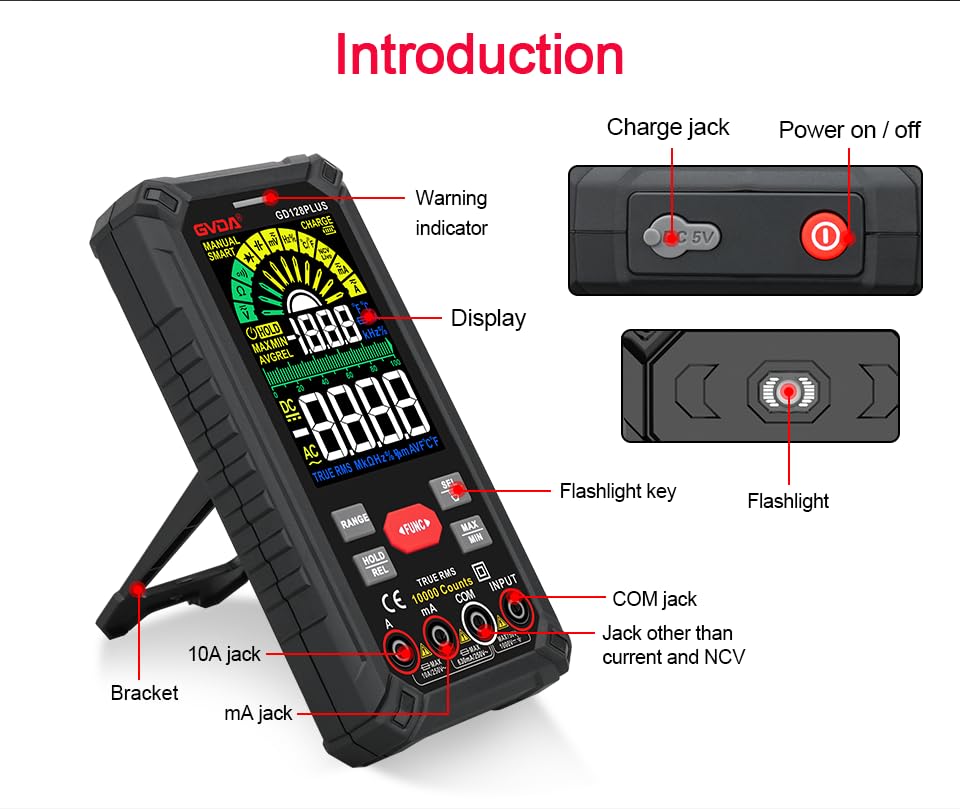 GVDA GD128PLUS Multimeter performing a temperature test with a K-type thermocouple probe in a glass of water.