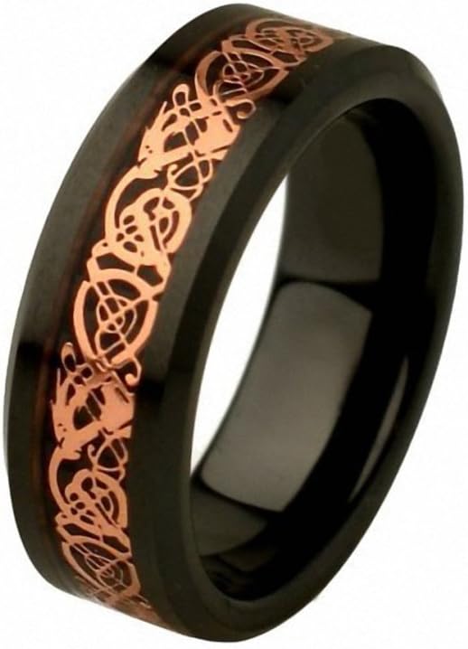 8mm Black Ceramic High Polish Rose Gold Plated Celtic Dragon Design Inlay Comfort Fit Wedding Band Engagement Ring for Men & Women, Size 8.5