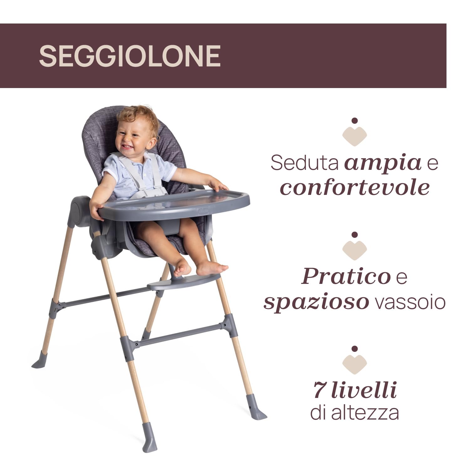 Chicco Polly Essential Seggiolone Pappa Evolutivo per Bambini da 0 Mesi a 15 KG, Reclinabile in 3 posizioni, 7 Livelli di altezza, Chiusura Compatta, Tessuto in poliestere riciclato, Grigio Scuro