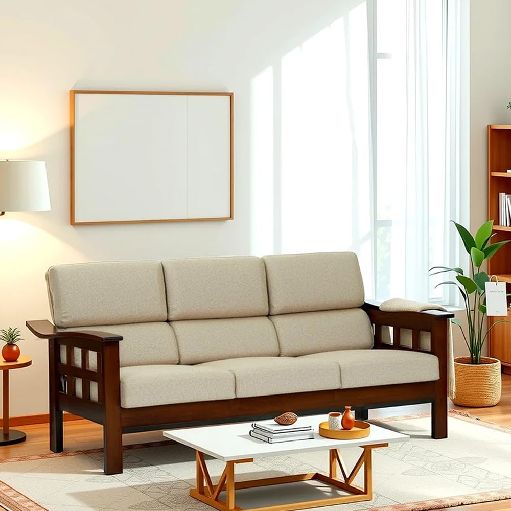 Royaloak Sepang Wooden 3 Seater Sofa with Beige Colour Cushion| Solid Wood| Fabric Cushion Covers | Moulded Foam Cushions | Removable & Washable Cushion Covers | Supports Back-image-6