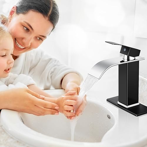 Miniatura 2 de Qomolangma Grifo de baño en cascada, negro y cromado, moderno, de una sola manija, para 1 o 3 agujeros, grifo mezclador de lavabo con cubierta y