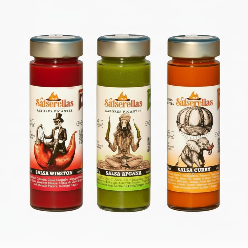 Pack 3 Salsas Picantes Gourmet Salserellas (Afgana, Winston y Curry) | Variedad de Sabores con Jalapeño | Ingredientes Naturales con Aceite de Oliva | Ideal para Carnes, Tacos, BBQ y Regalo Foodie