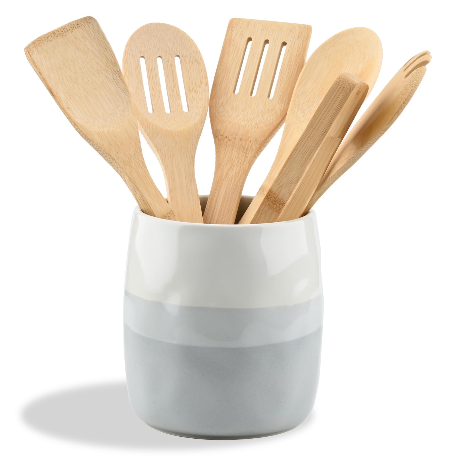 Porta Utensili da Cucina in Ceramica, Porta Posate da Cucina da Appoggio, Portamestoli da Tavola per Cucchiai, Spatole, Stoviglie, Design Stratificato Crema e Grigio (L)