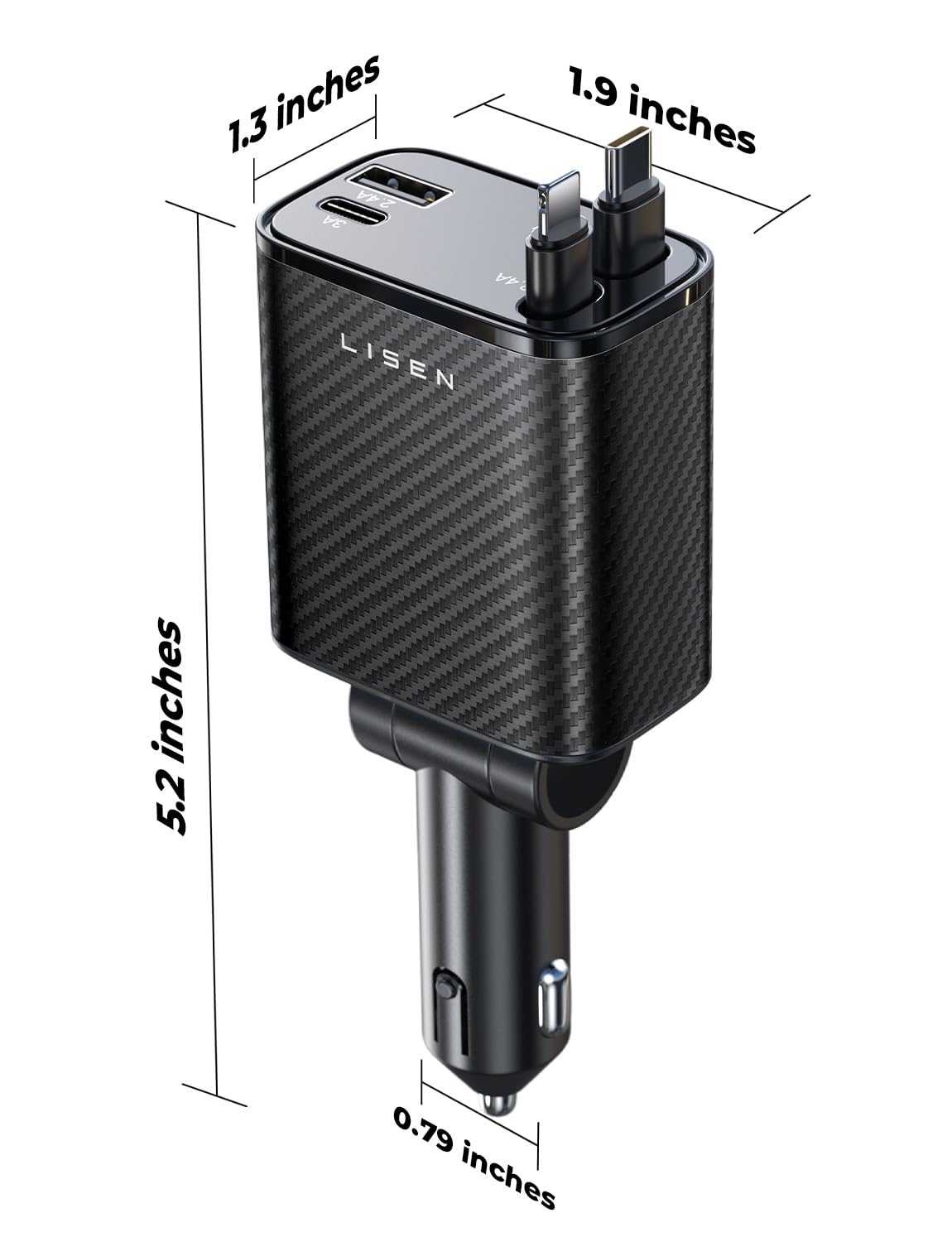 LISEN Retractable Car Charger, 84W Car Charger USB C Fast Charger Adapter, Car Accessories for Men Women, Gifts for Fathers Day for Men Dad Husband, for iPhone 17 16 15 14 13 12 Pro Max, Carbon-Black view 9