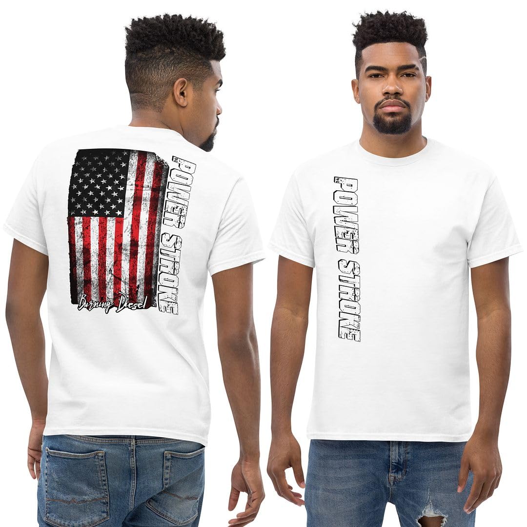 Power Stroke Diesel Truck T-Shirt Mens American Flag Design Tee Shirt