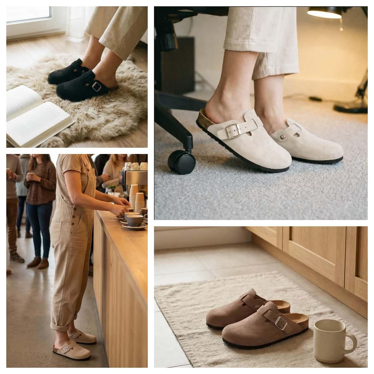 Zuecos Mules Mujer Cómodos de Corcho Cerrados con Hebilla Ajustable Pantuflas Antideslizantes para Casa Trabajo Jardín, Sandalias Casual Negro Marrón Beige 36-41