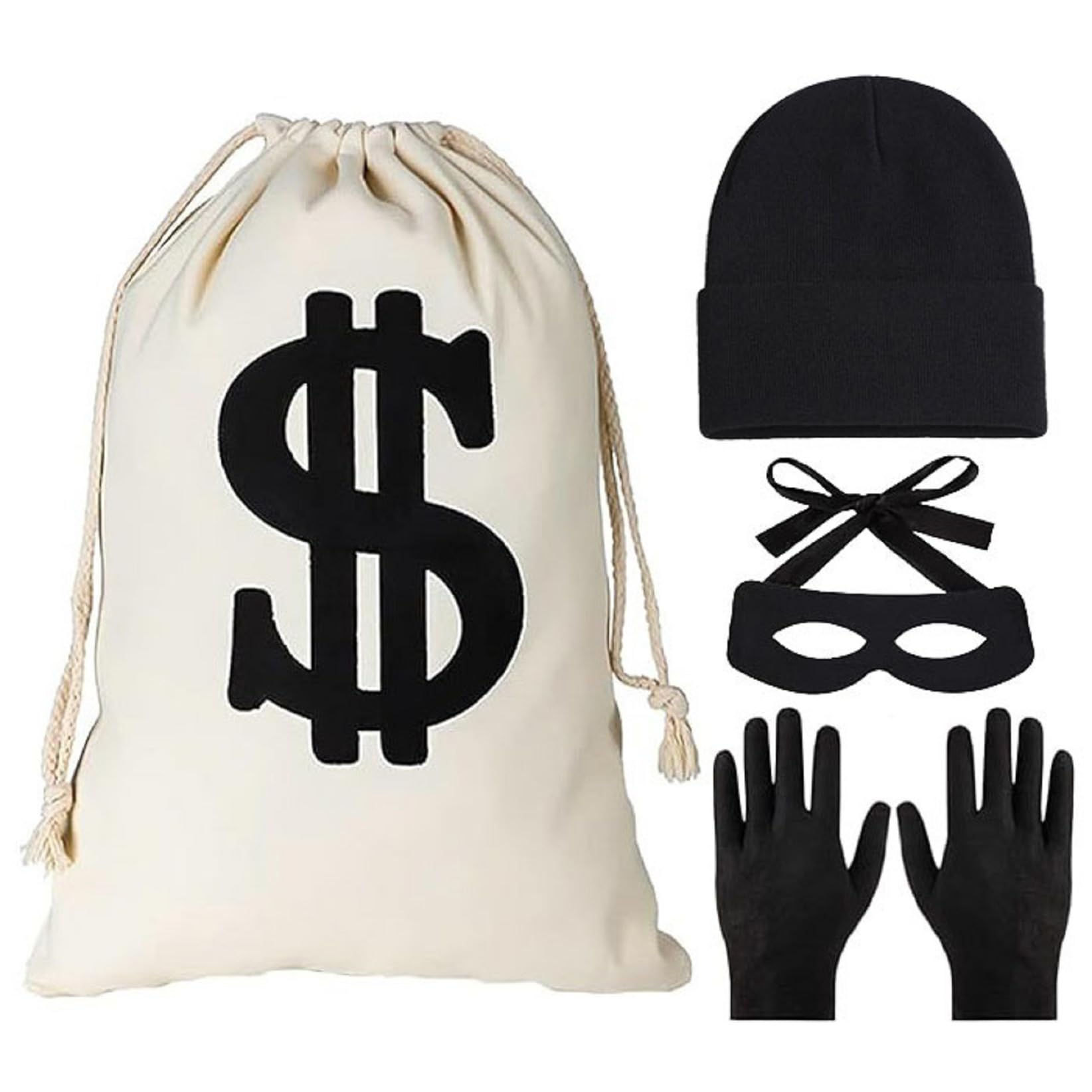 NALACAL 4 PCS Robber Costume Accessories Set, Include Canvas Dollar Sign Money Bags Bandit Eye Mask Knit Beanie Cap for Halloween Cosplay Burglar Theme Party