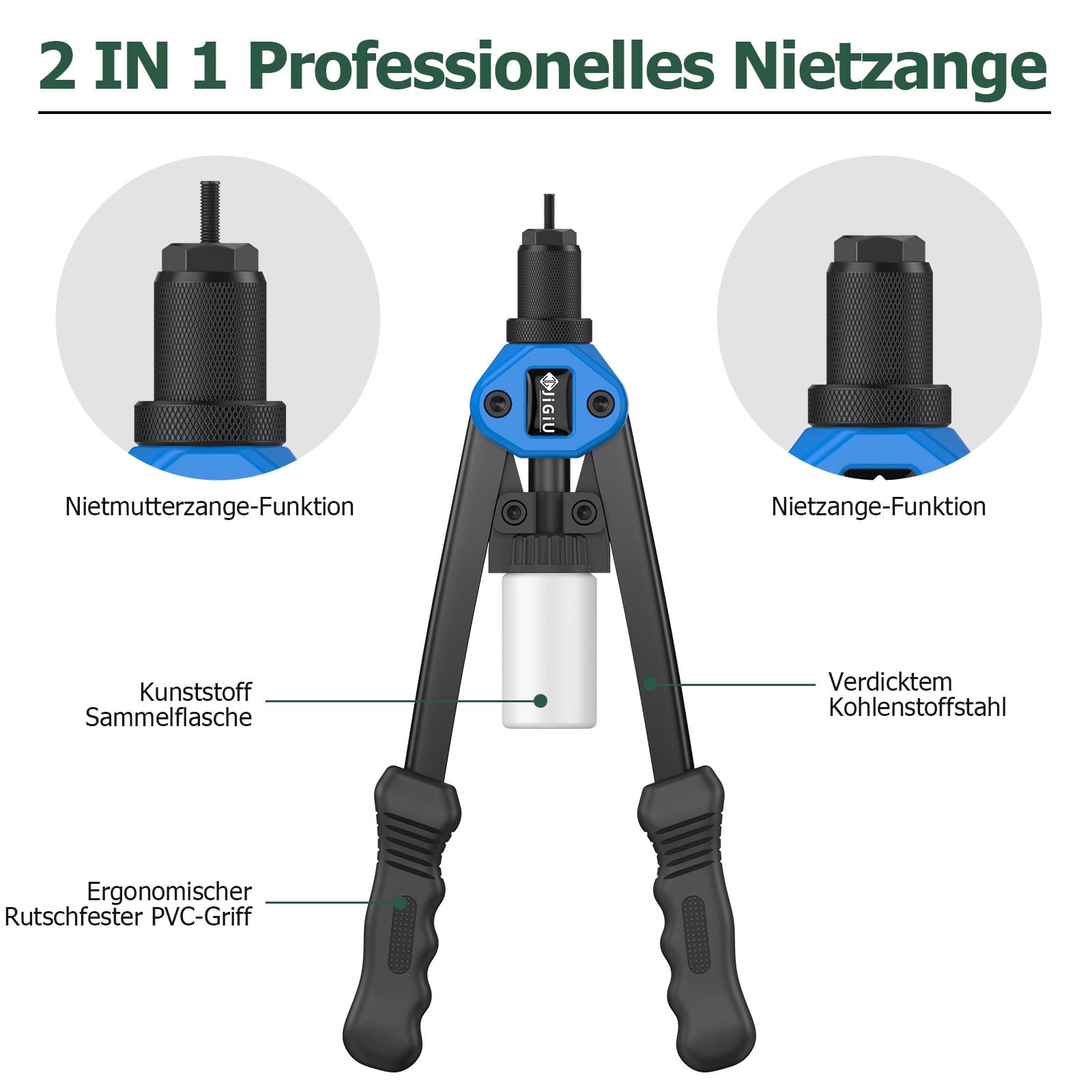 JiGiU Nietzange Set, 2 In 1 Nietmutternzange Blindnietzange mit 7 Art Metrische Dorne M3-M12 und 5 Nietköpfen 3.2-6.4mm, inkl. 110pcs Nietmuttern & 50pcs Blindnieten Nietmutterwerkzeug Satz (Blau)