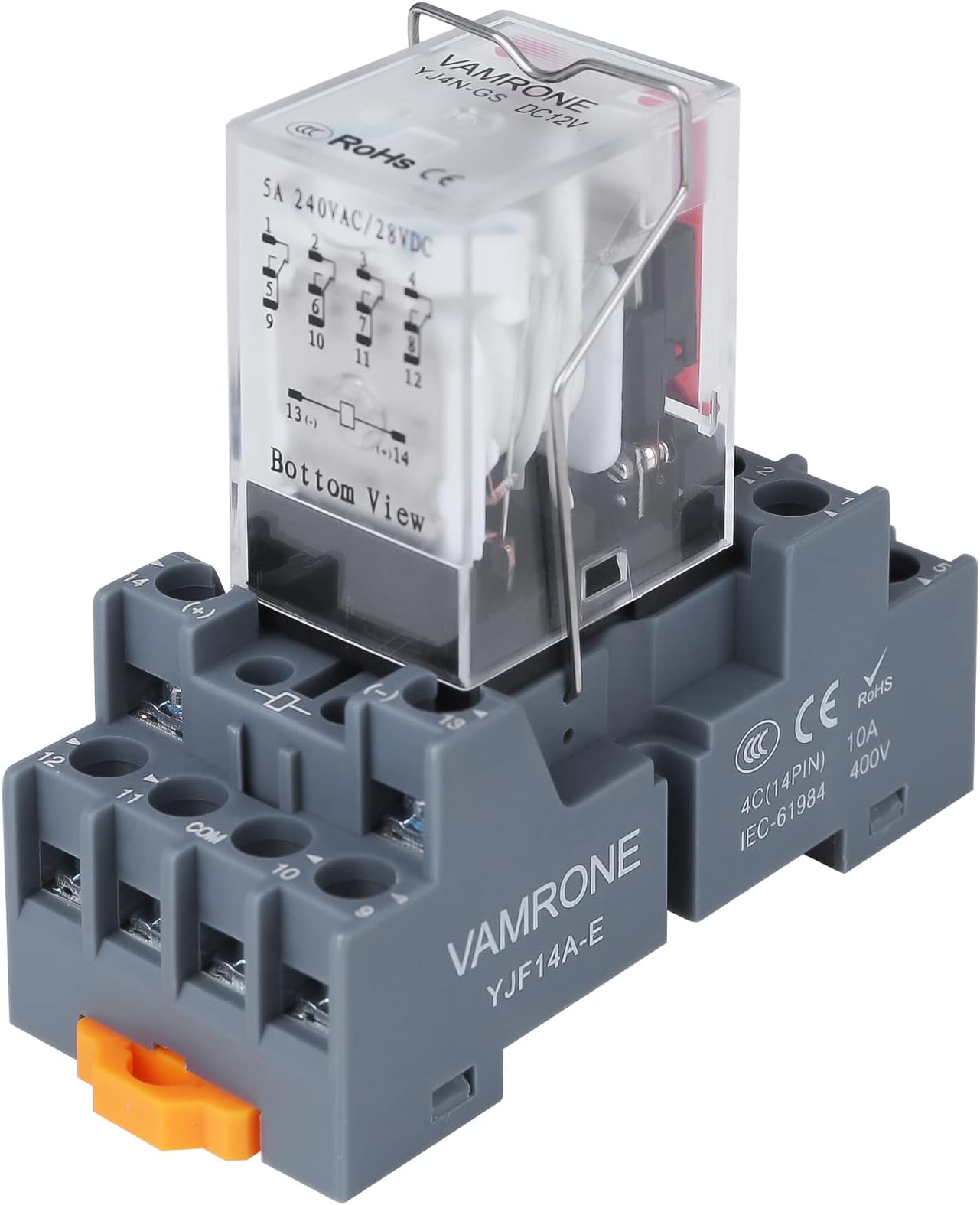 Electromagnetic Power Relay, 14-Pin 5A 24 DC Relay Coil with Socket Base, LED Indicator, 4PDT 4NO 4NC - MY4NJ [Applicable for DIN Rail System]