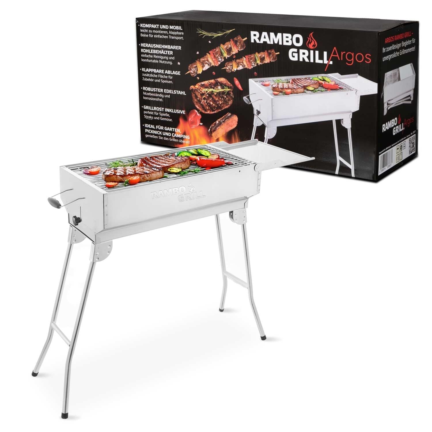 BEM Rambo Argos Holzkohlegrill aus Edelstahl, Mangal, BBQ Klappgrill