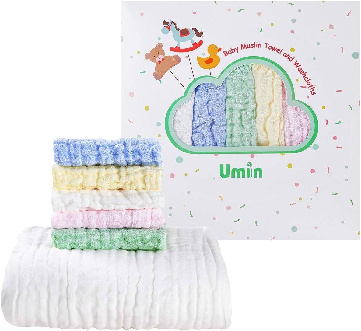 Umiin Baby Towel and Washcloths Set - Premium for Boys and Girls - Baby Registry Must Haves - 1 Muslin Baby Bath Towel and 5 Baby Muslin Washcloths