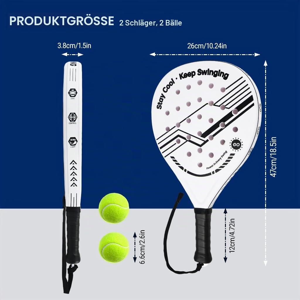 Padel Schläger-Set mit ABS-Oberfläche und Eva-Schaumkern, für Erwachsene, inklusive Zwei Bällen und Tragetasche, ideal für Beach & Court (Weiß/Schwarz)