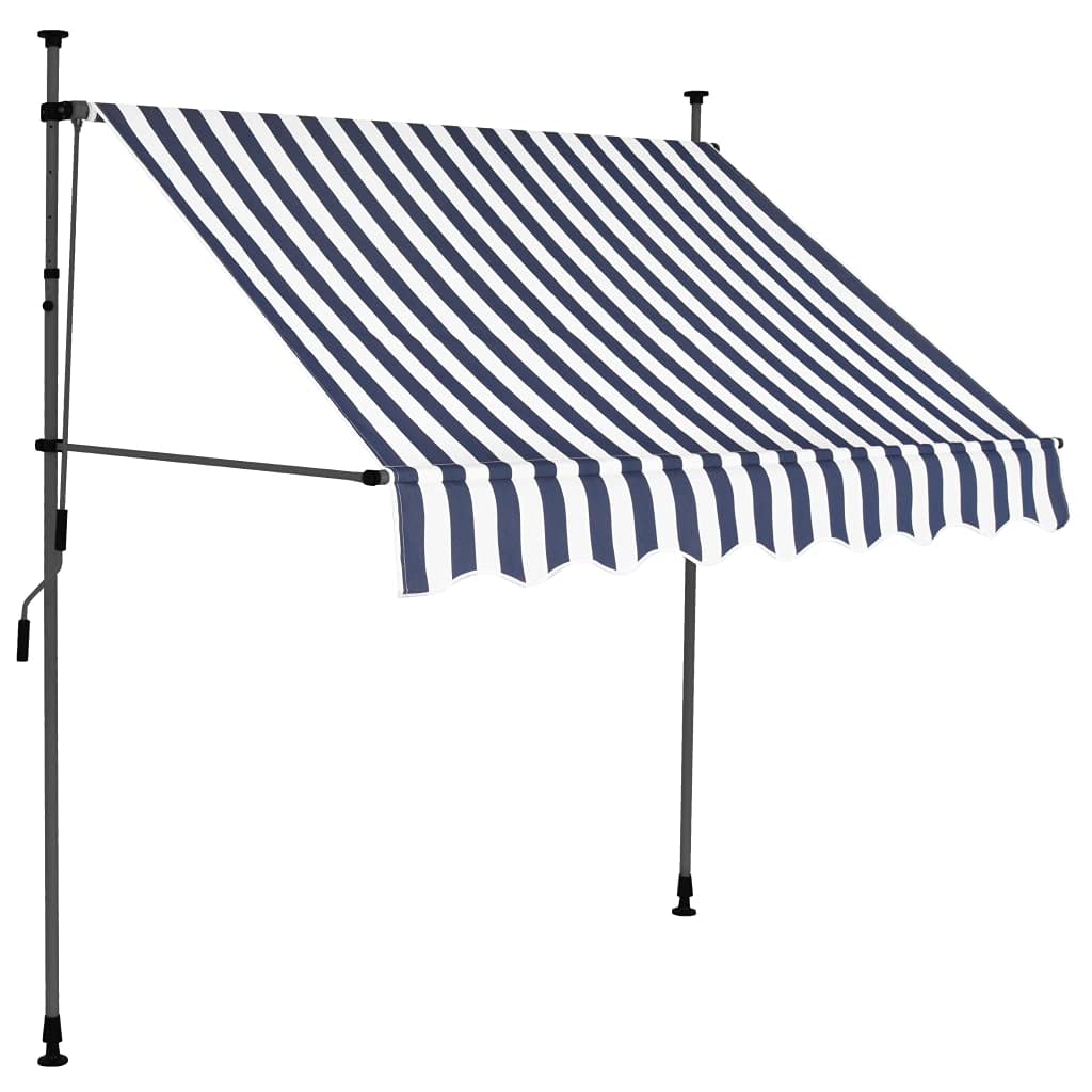 [Consegna flash] Tenda da sole da balcone, adatta per giardino, veranda, pergola, prato, balcone, terrazzo, tenda da sole retrattile, funzionamento a mano con LED, 200 cm, blu e bianco