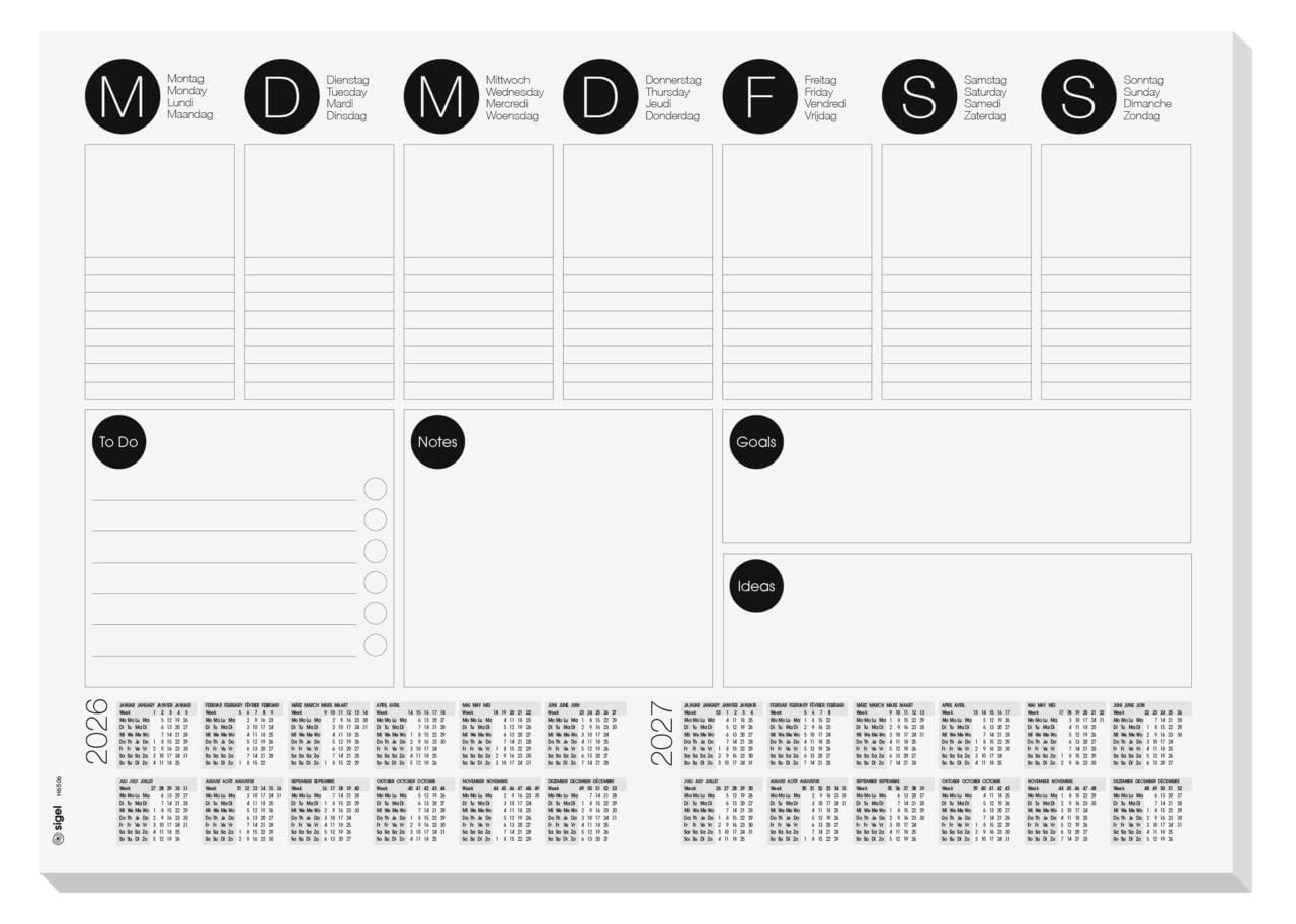 SIGEL H6506 Paper desk pad- weekly planner - grey - A3-2026/2027 - DE/EN/FR/NL - 30 sheets - FSC-certified