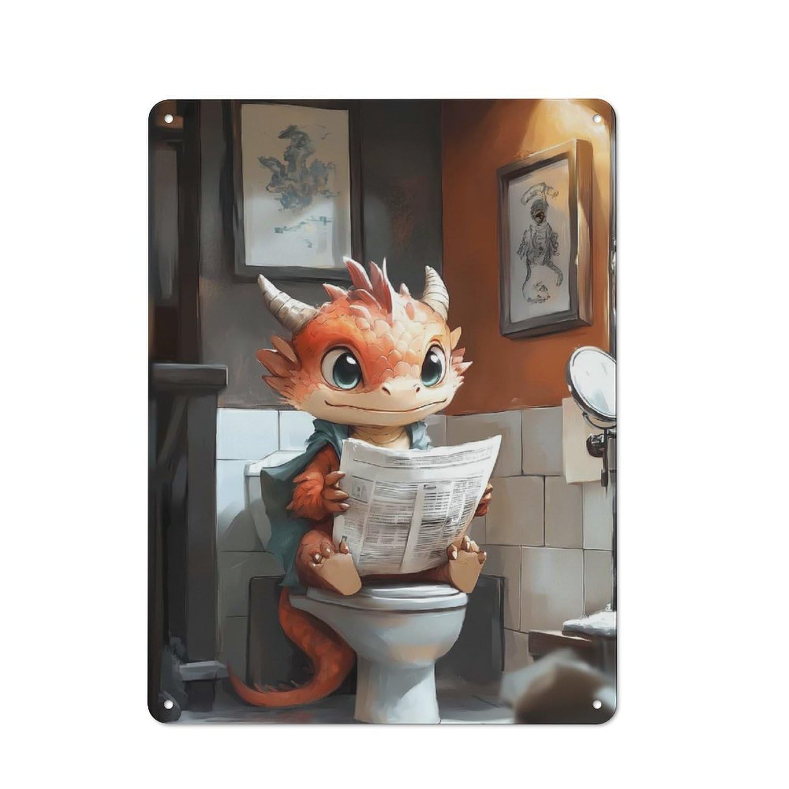 Junmoney Dragon Reading On Toilet Vintage Metal Sign With Design 40X30cm, Vintage Bar Wall Plaque For Cafe, Pub, Workshop Or Home Bar