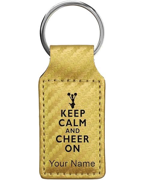 LaserGram Rectangle Keychain, Keep Calm and Cheer On, Personalized Engraving Included (Carbon Fiber Gold)