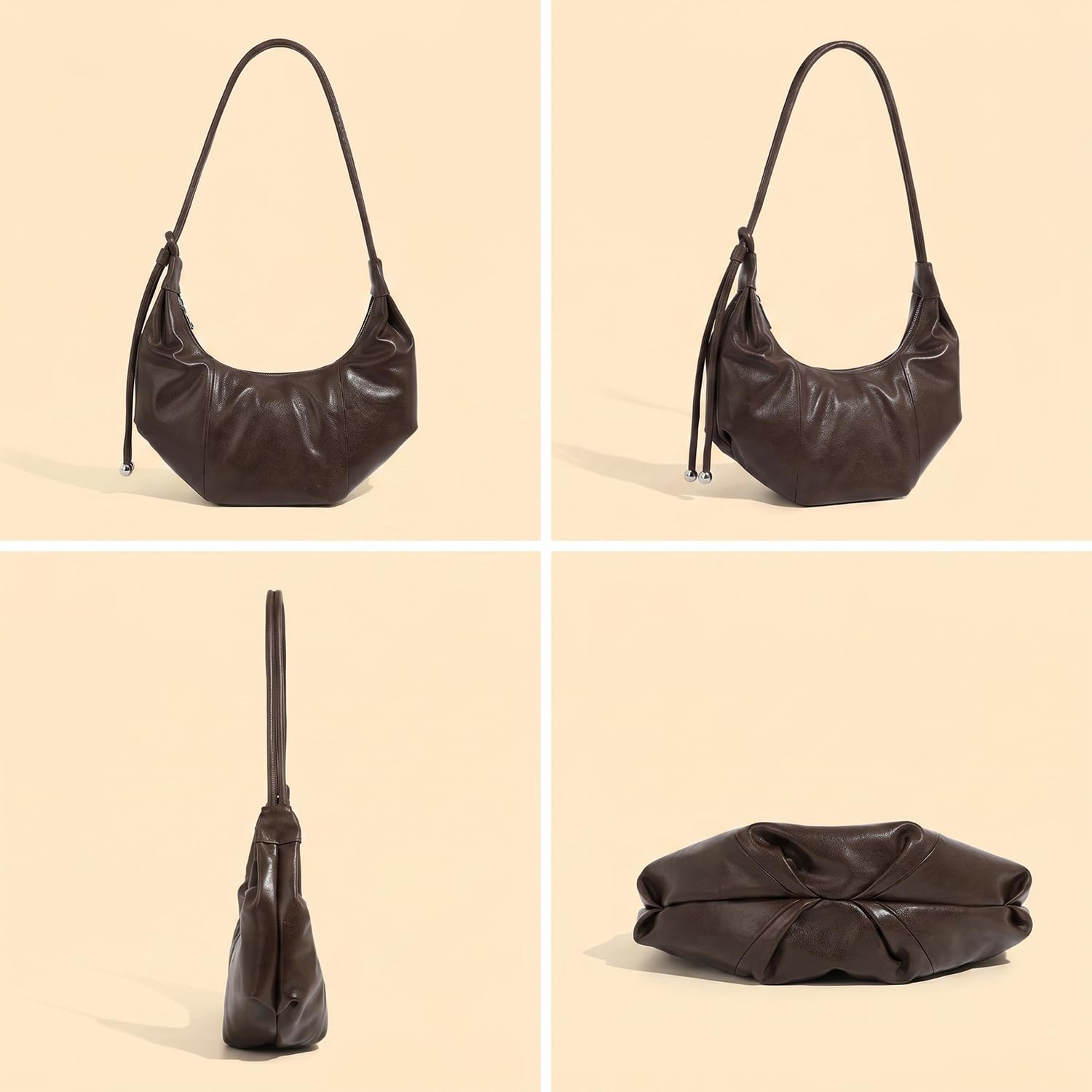 Damen Croissant Tasche aus echtem Leder, Retro Unterachseltasche und Schultertasche, Klassische Halbmond Umhängetasche mit verstellbarem Gurt für Büro und Alltag Braun