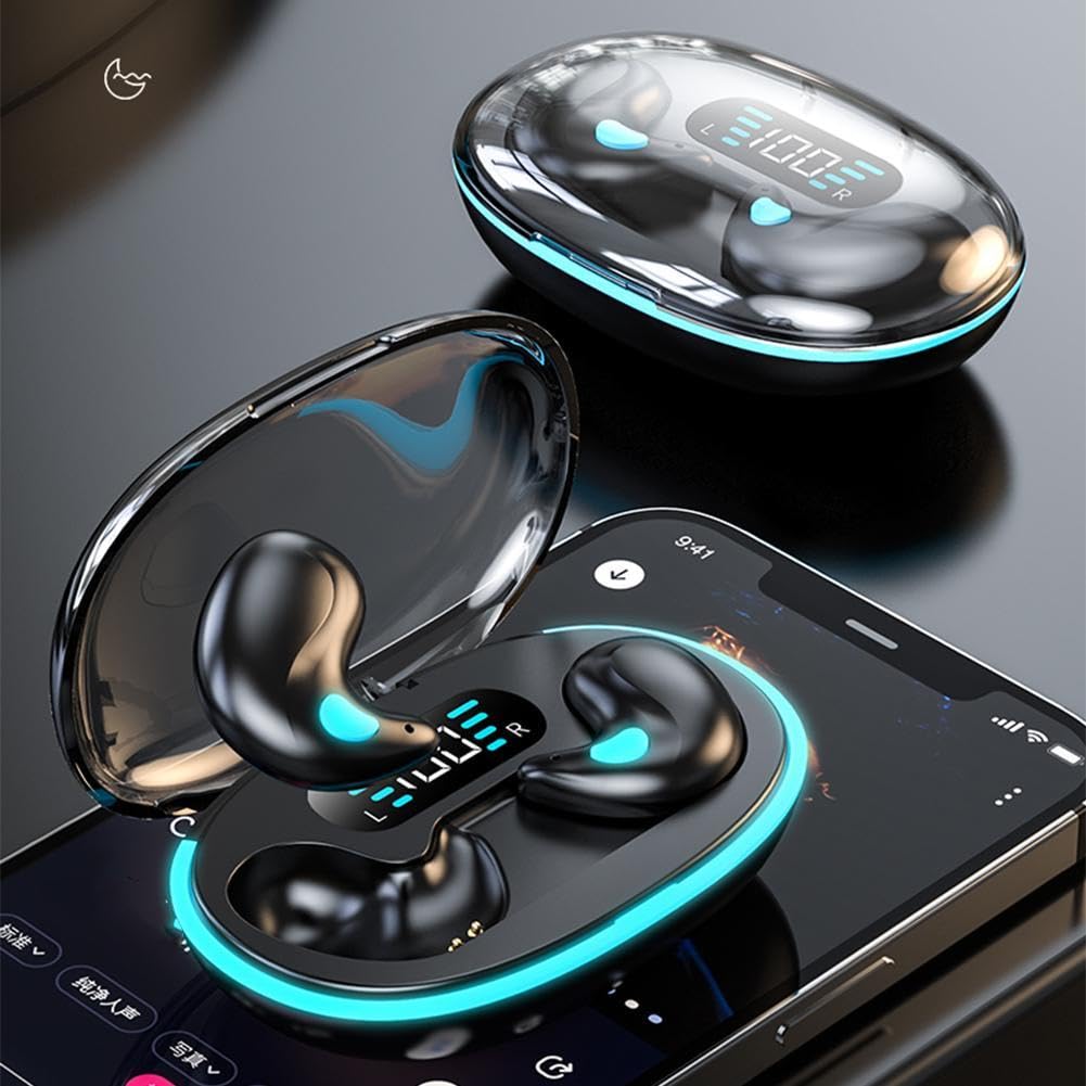 Écouteurs Bluetooth invisibles sans fil, ultra petits, antibruit, pour dormir sur le côté, lecture 24 heures avec affichage LED (noir)