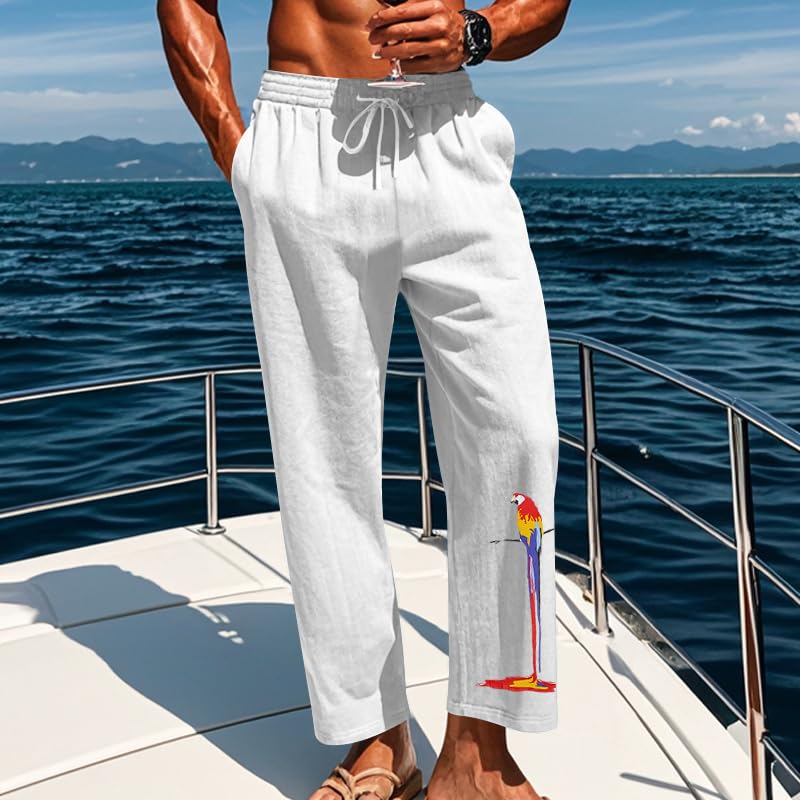 Men's Lightweight Loose Fit Comfy Pants Casual Summer Vacation Solid Color Trousers Parrot Printed Trendy Outfits Classic Drawstring Wide Straight Leg Streetwear White 2XL2