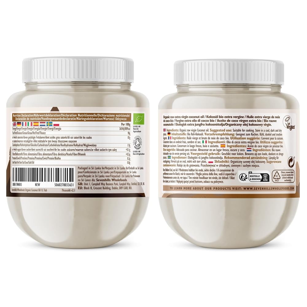 Sevenhills Wholefoods Aceite De Coco Virgen Extra Orgánico, Crudo, Prensado En Frío, Contenedor De Plástico 1L, para usos culinarios, de salud y belleza — view 6