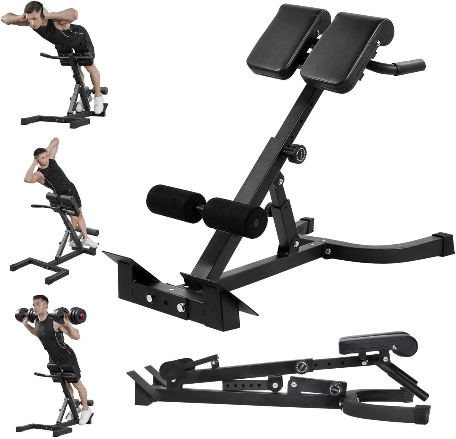 Foldable Roman Chair Back Extender Angle & Height Double Adjustable Hyperextension Bench Back Extension Holds 330 Lbs Roman Chair Exercise Equipment for Home Gym Backs Exercise Machine Black