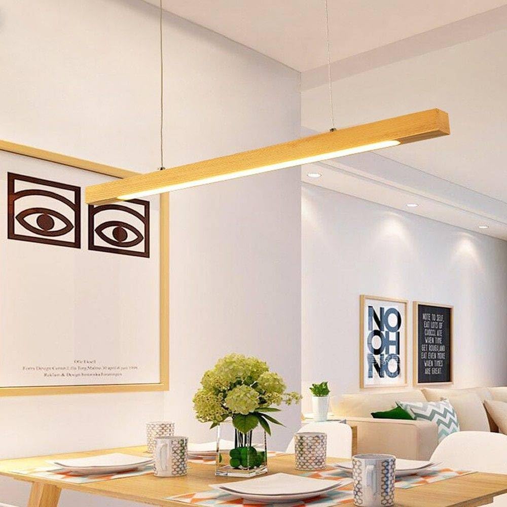 BARCELONA LED Lámpara colgante de madera COAK 24W regulable TRIAC 1920lm 2800K luz cálida lámpara techo moderna diseño lineal minimalista madera y metal para comedor salón oficina IP20 1200x465mm