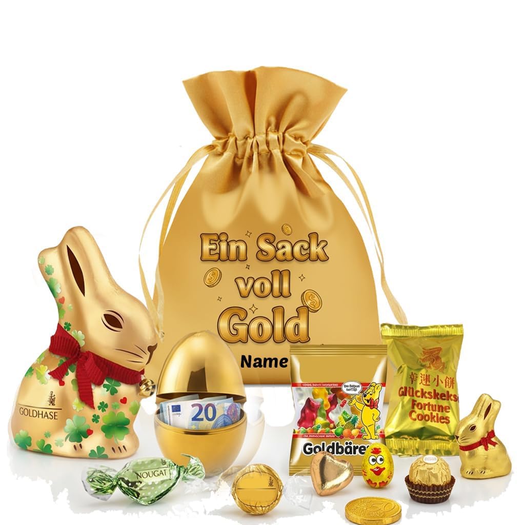 Oster-Geld-Geschenk Ein Sack voll Gold - personalisiert mit Wunschnamen – wiederverwendbarer Satin-Geschenkbeutel mit goldenen Leckereien & befüllbarem goldenem Oster-Ei, Größe L