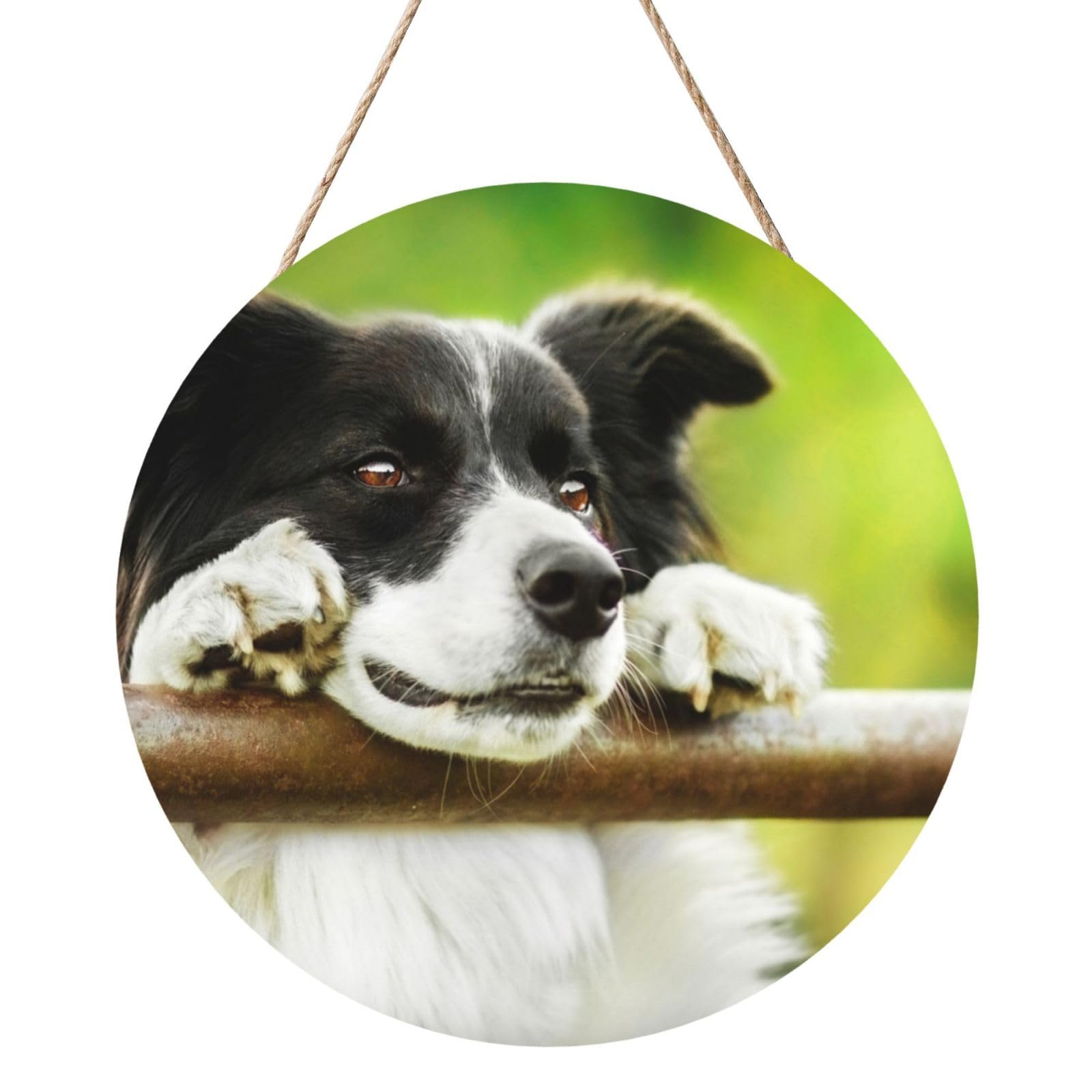 InOmak Border Collie Dog Green, Round Wood Panel Painting 12 in, Wall Hanging Painting For Home