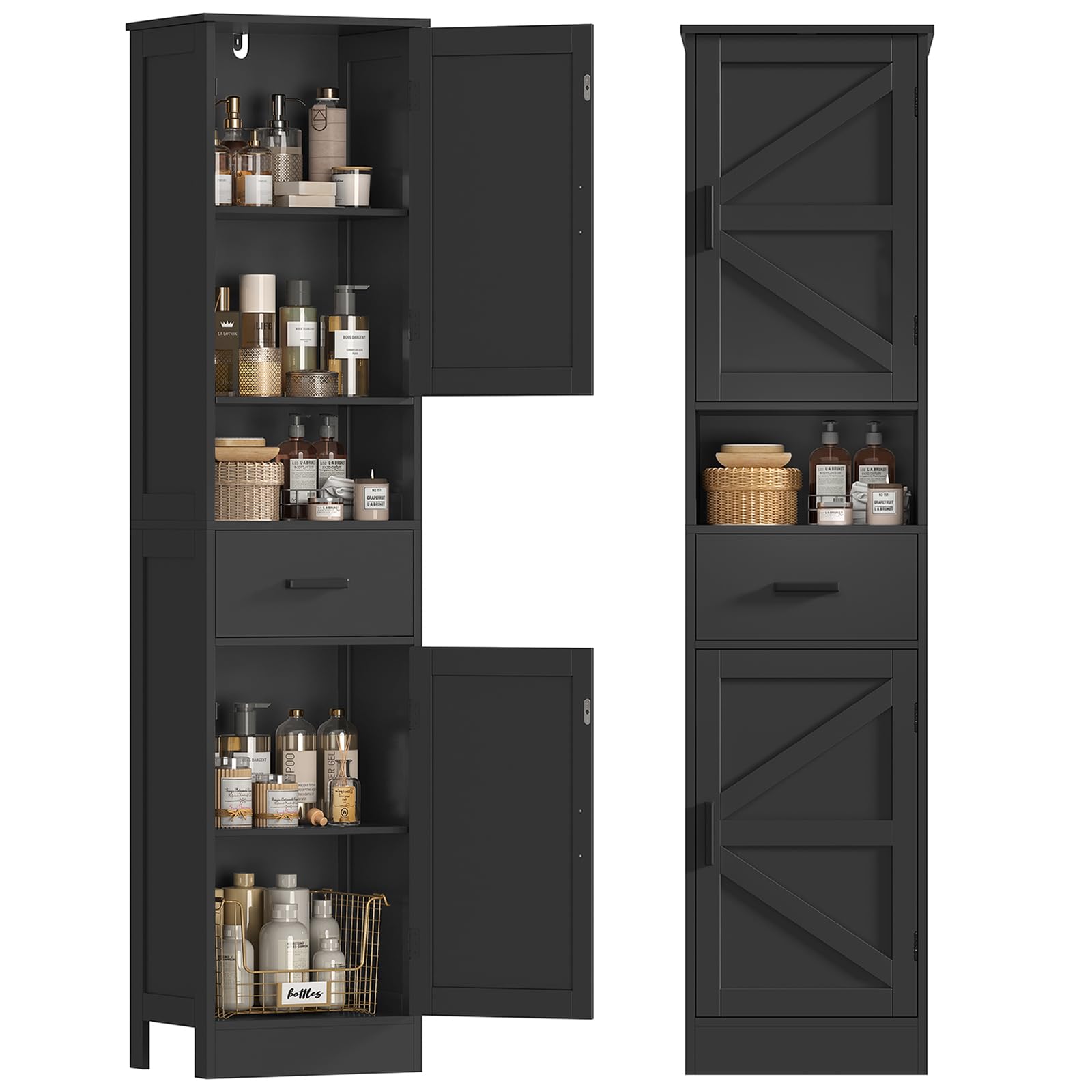 TEENFON 67" H Tall Bathroom Storage Cabinet with Barn Doors and Drawer