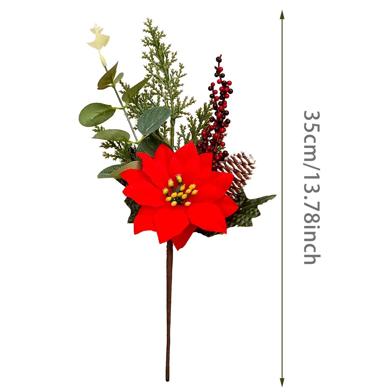 KKSTY 4 Pcs Artificial Poinsettias Stems, 13.78'' Christmas Flowers Picks with Pine Leaves Berries and Pinecone for Xmas Tree Decoration Vase Filler Holiday Home Dcor (Red) - Image 2