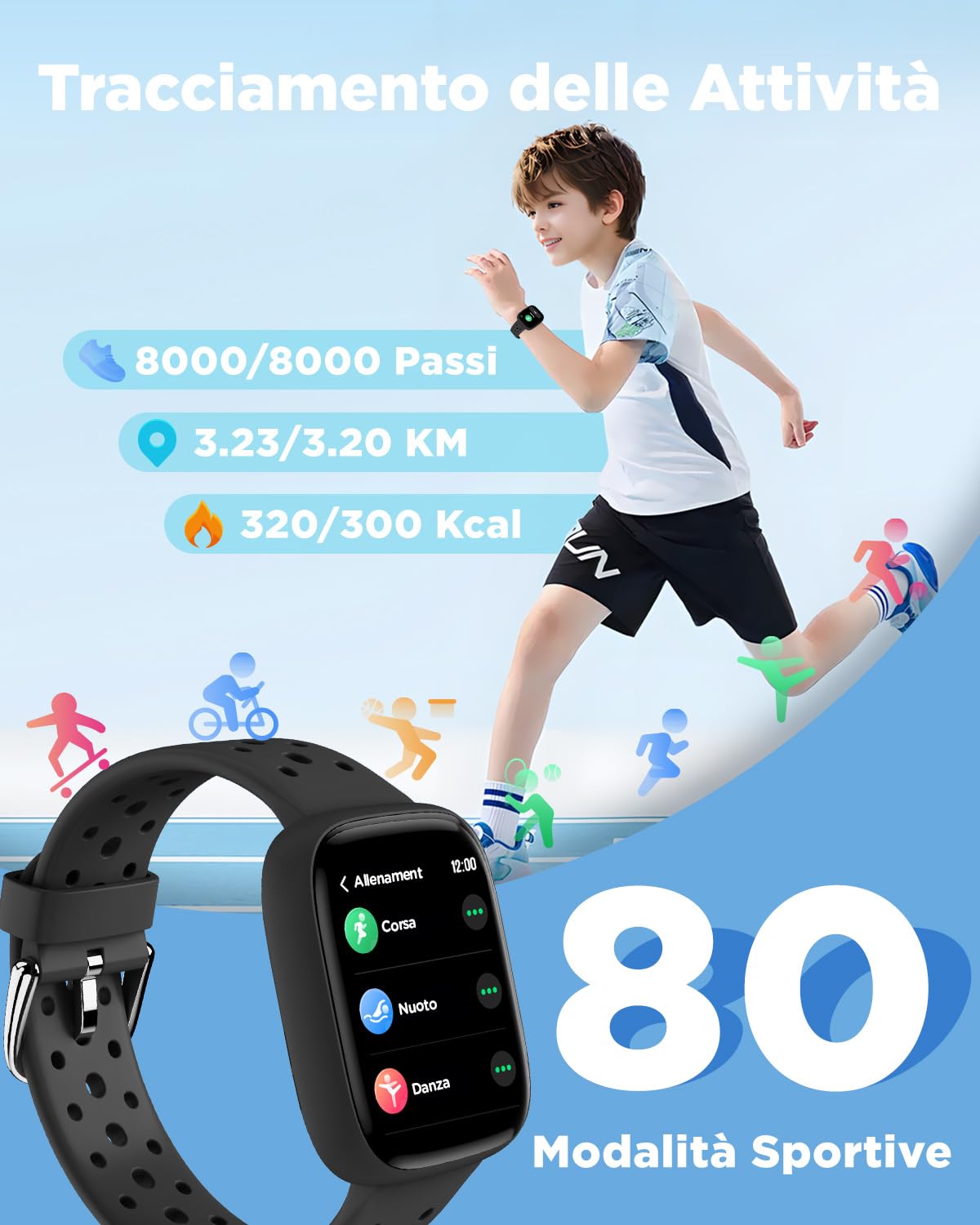 BIGGERFIVE Smartwatch Bambini Bambina Ado 5-16, 1,8" Fitness Tracker | Orologio Contapassi, Frequenza Cardiaca, Resistente all'Acqua IP68, Monitor del Sonno, Giochi Puzzle con/senza APP, Nero