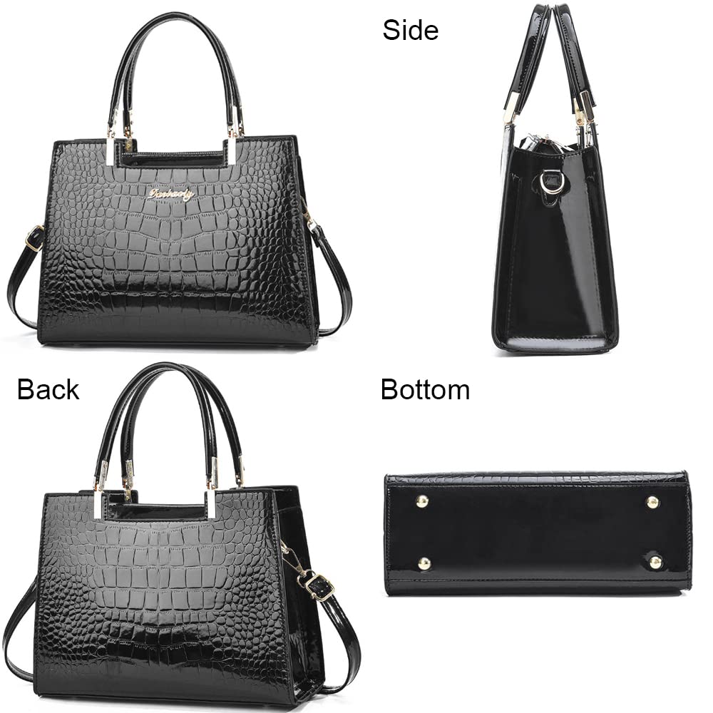 Bolso de mano para mujer, de piel de charol brillante, con patrón de cocodrilo, asa superior, con cremallera, tamaño mediano