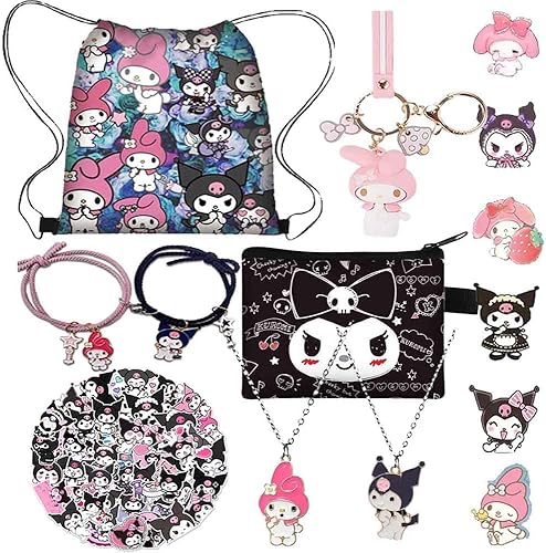 EMISOO Kuromi and My Melody - Juego de regalo de caricaturas que incluye bolsa con cordón llavero bolsa de bolso calcomanías broches acrílicos
