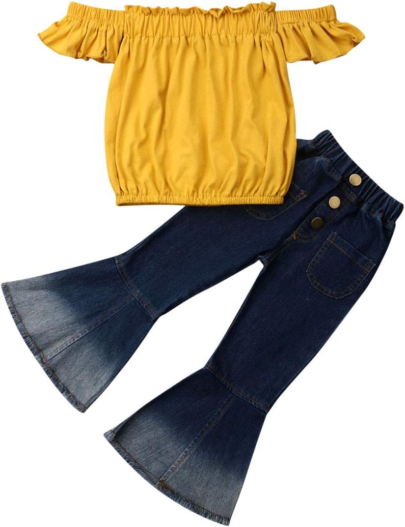 mlpeerw Toddler Baby Girl Clothes Off Shoulder Tube Top Shirt Denim Bell Bottom Jeans Pants Summer 2Pcs Outfits Clothing