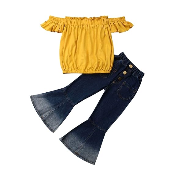 Buy Baby Toddler Girl Clothes Ripped Jeans Outfit Ruffle Blouse Top Tunic Flare Demin Pant For Little Kids Fall 1 7y Yellow Flare 2 3y