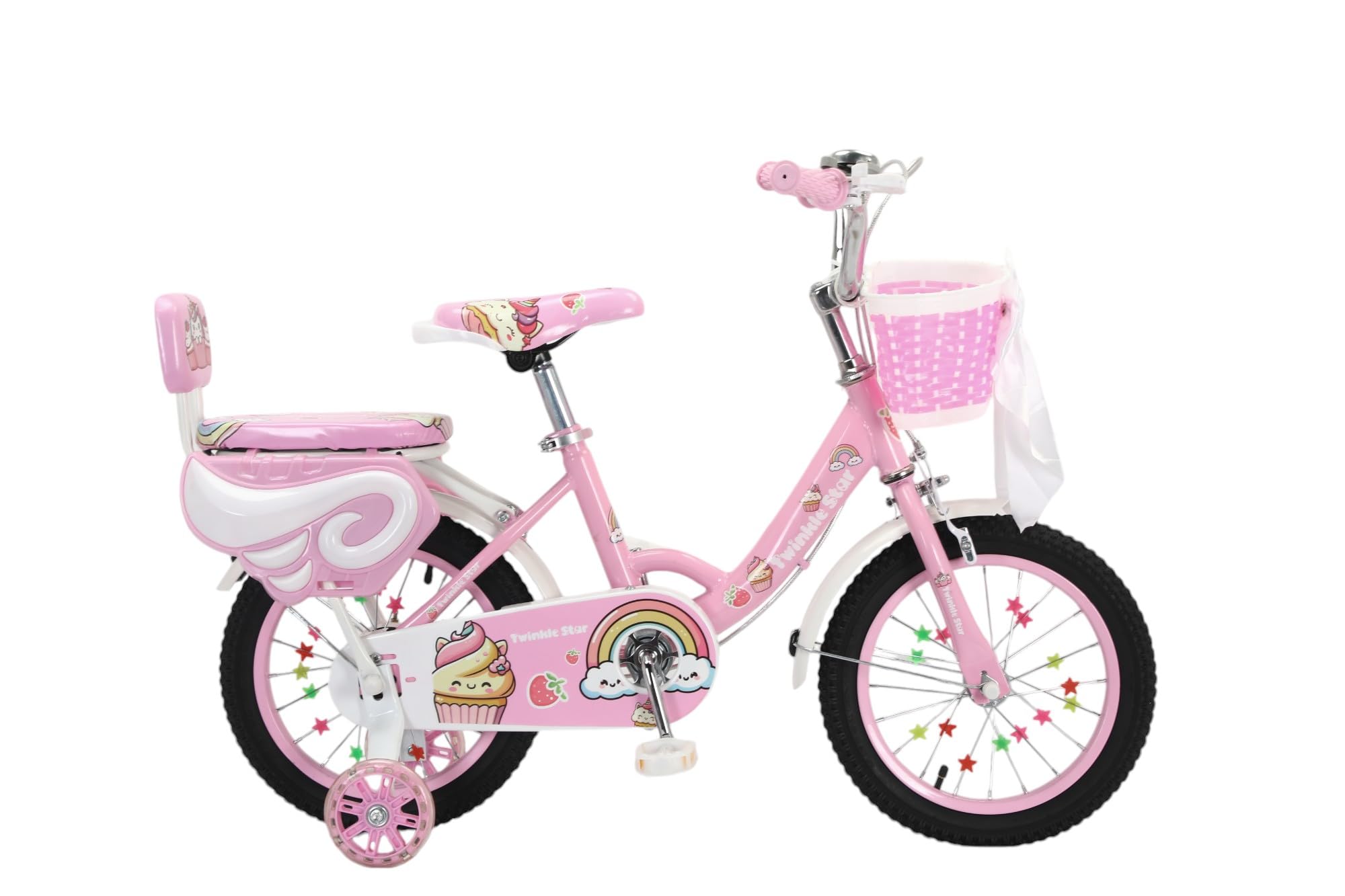 Touch of Venetian 12" 14" 16" Girls Children Bike Stabilisers Wheels Bell Kids Ages 2-9 Years Bicycle Bow Pink Purple Unicorn Rainbow Bow Princess (Pink Wings, 14 Inch)