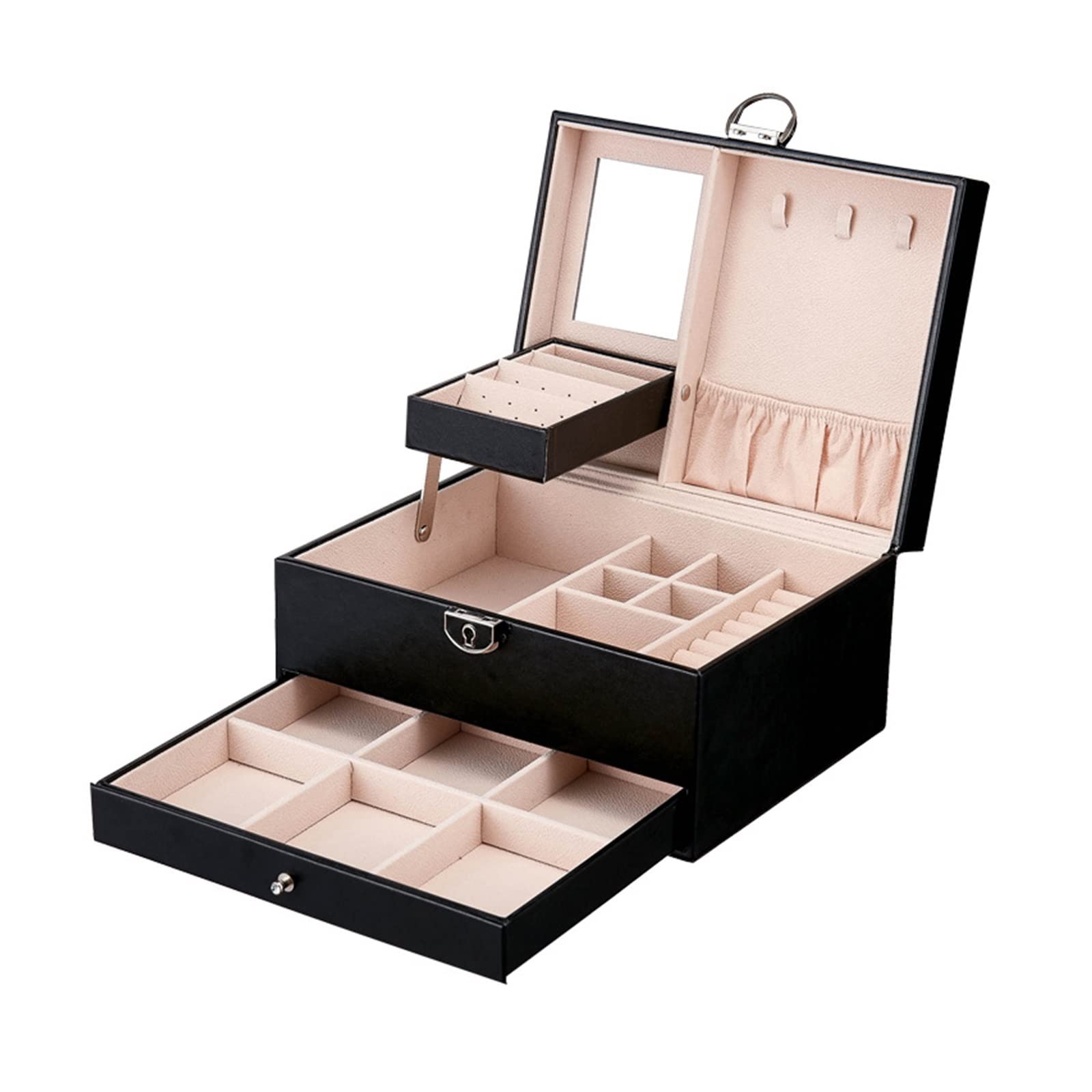 Portagioie Organizzatore di gioielli da viaggio portatile Organizzatore di gioielli di grande capacità Organizzatore di gioielli con cassetti a tre livelli Organizzatore di trucco (Color : Schwarz,