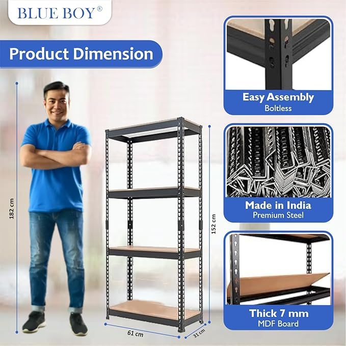 Image of Blue boy - 4 Shelf Adjustable Shelving Multipurpose Boltless Storage Rack Utility Display Steel Rack Home and Kitchen Organizer Size: 48 inch(H)*24 inch(L)*12 inch(D)- Black