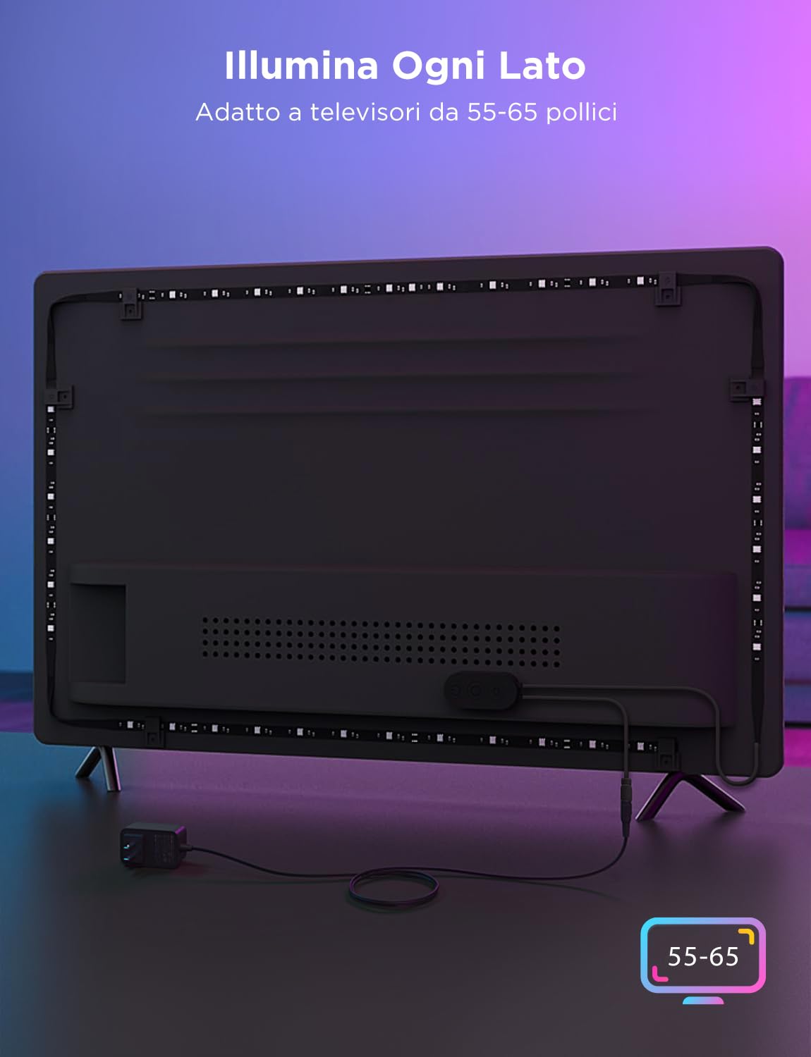 Govee TV LED Backlight 3,8m, RGBIC Striscia per TV 55-65 Pollici | Bluetooth e Wi-Fi, Alexa e Google Assistant, Sincronizzazione musicale, 219+ scene, Alimentatore incluso