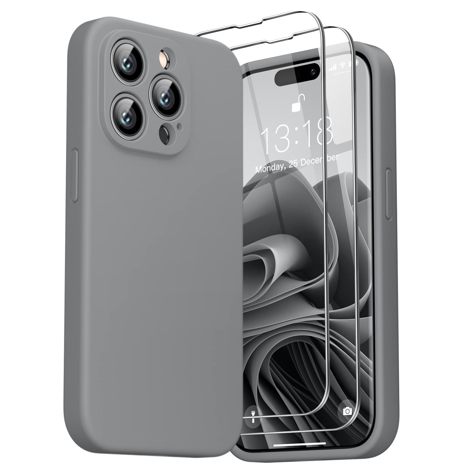 GOODVISH 3 in 1 Cover in Silicone per iPhone 14 Pro 6,1" (2022), con 2 Pezzi di Pellicola Protettiva, iPhone 14 Pro Custodia per Cellulare Antiurto Resistente Protezione Fotocamera, Grigio