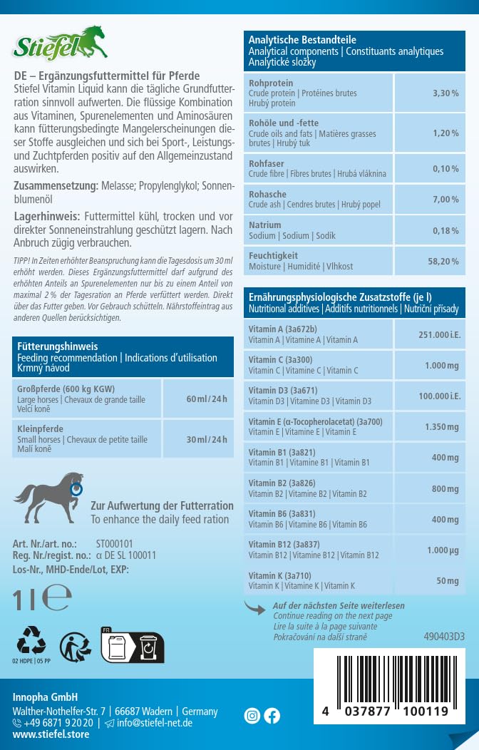 Stiefel Vitamina Líquido | 1000ml | para Caballos | con valiosas vitaminas, oligoelementos y aminoácidos para Caballos Deportivos, de Rendimiento y de cría