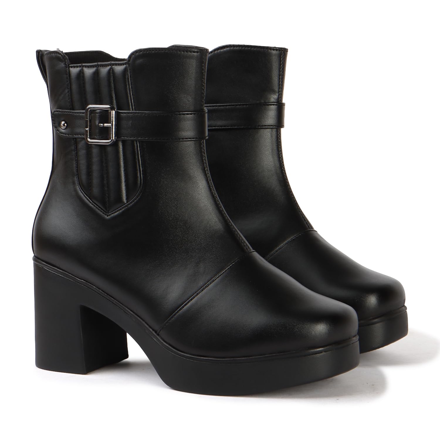 Women’s Quilted Panel PU Ankle Boots | Stylish Padded Design with Buckle-image-2