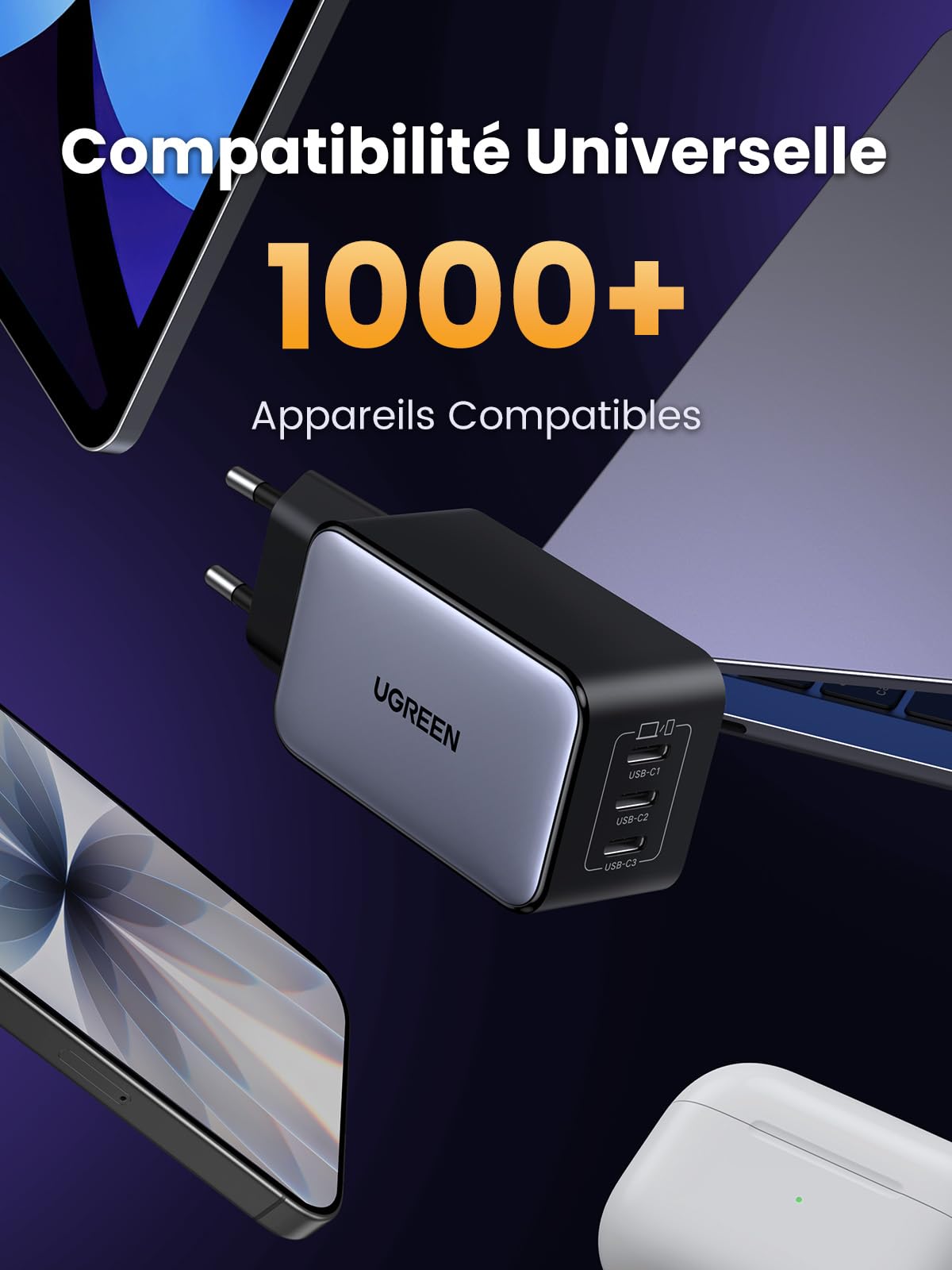 UGREEN Nexode 65W Prise Chargeur Triple USB C Charge Rapide Tech GaNInfinity Compatible avec iPhone 17 Pro Max Air 16 15 14 13 12 Galaxy PPS 45W S26 S25 S24 A15 iPad MacBook Neo Air Pro Pixel 10 9 8