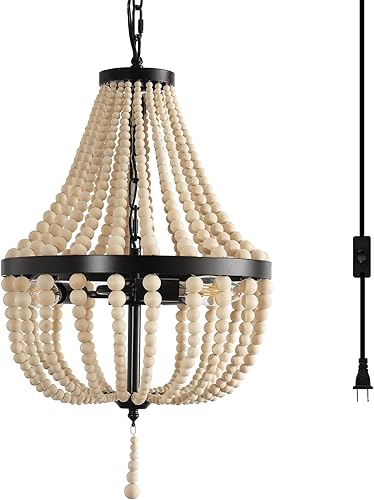 Lámpara de araña de 3 luces con enchufe mini lámpara colgante bohemia con cuentas de madera con cable de 164 pies acabado de metal negro cuentas de