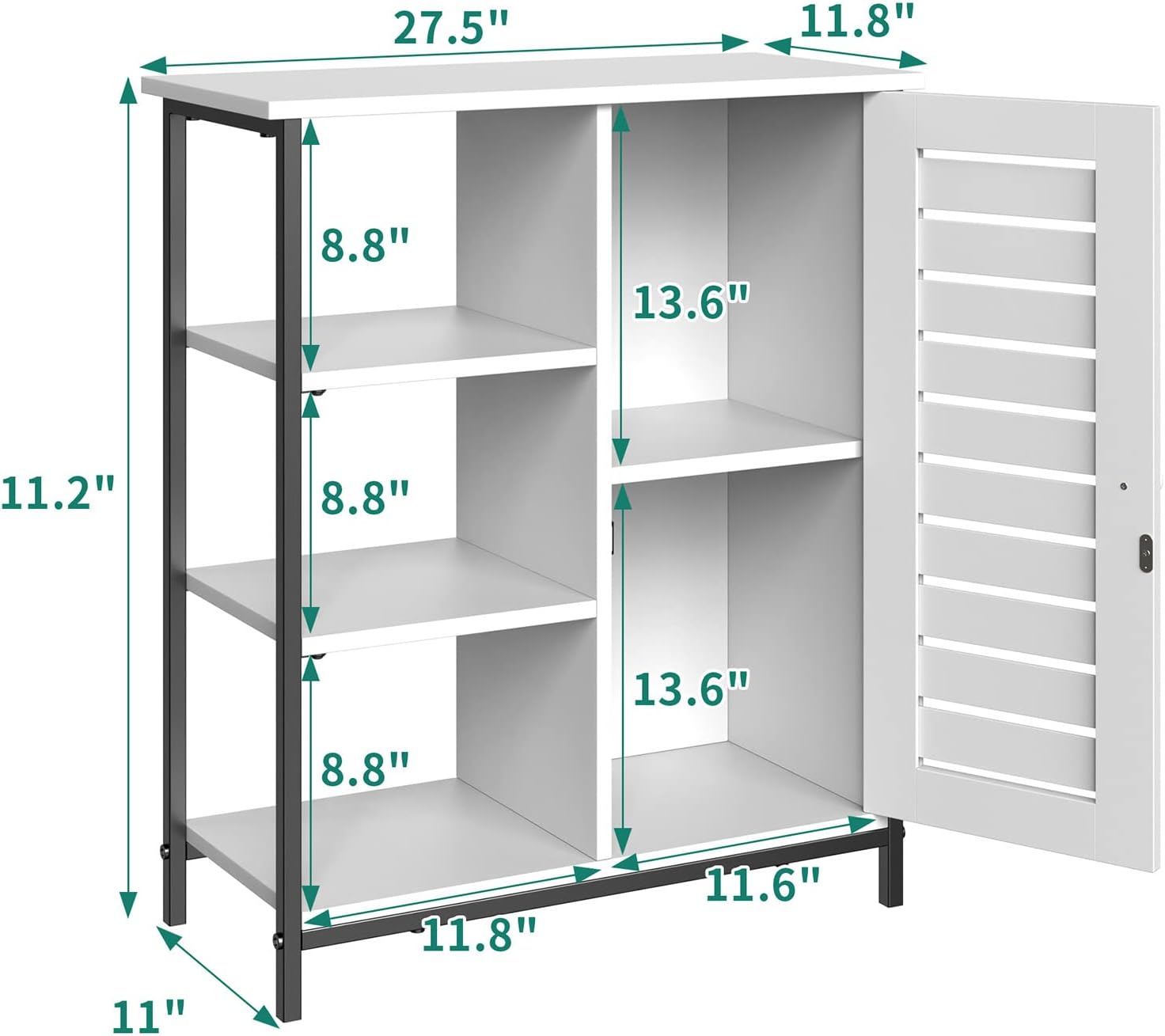 YITAHOME Side Storage Cabinet, Cupboard, Sideboard, Floor Cabinet with 3 Open Shelves and Door, Stable Metal Frame, Suit for Living Room, Bedroom, Hallway, Kitchen, White