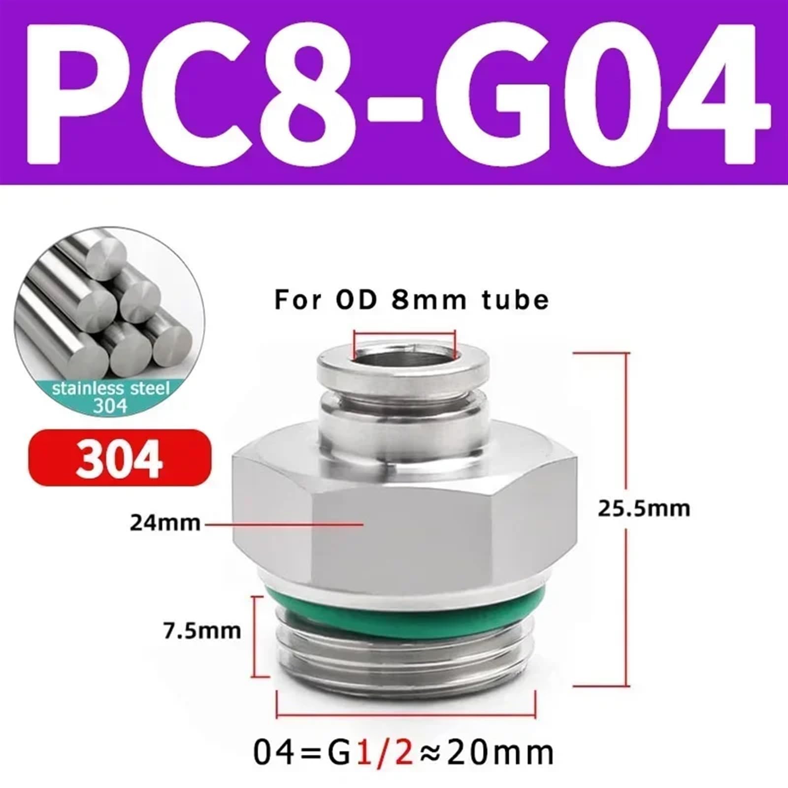 10 Uds. De acoplamiento rápido traqueal de acero inoxidable 304, conector rápido neumático de acoplamiento rápido, conector de PC-G recto de rosca G(Color:PC8-G04)